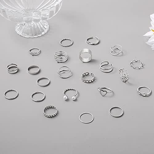 Lnnmomn 22 Pcs Gold/Silver Rings Set for Women, Sparkling Dainty Simple Trendy Ring Pack, Butterfly Diamond Opening Multi Joint Ring Set Love Pearl Ring Jewelry Gifts for Womens, Gifts for Her - color: Silver-1