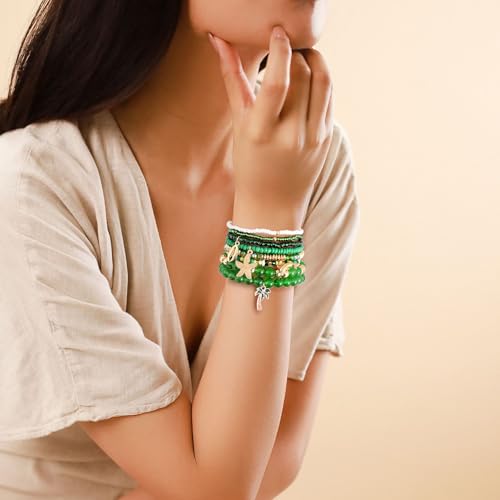 Shell Bracelet Seashell Boho Beaded Stretch Bracelets for Women Summer Beach Bracelets Starfish Charm Bracelet Stackable Gold Plated Bracelets Set for Women - color: f-green2