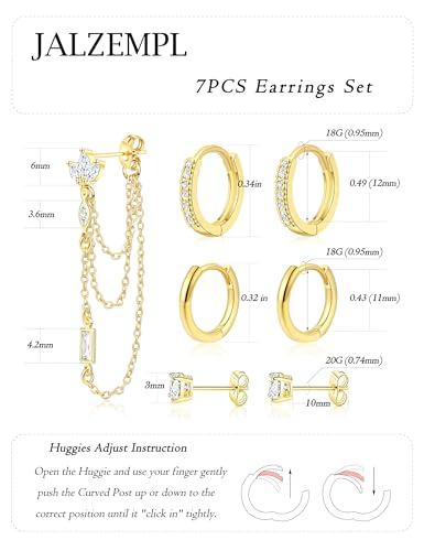 7Pcs Earring Stacks Cartilage Helix Flat Back Hoop Set For Women Stud Small Huggie Chain Multiple Piercing 14K Gold Plated Jewelry Triple Cubic Zirconia - color: 14K Gold Plated, size: Butterfly