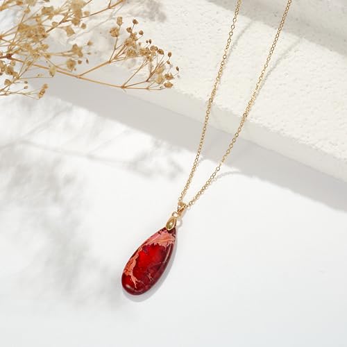 Joya Love 14K Gold Plated Healing Stone Teardrop Pendant Necklace for Women, Waterproof Stainless Steel Chain, Colorful Natural Stone Look, Boho Spiritual Jewelry Gift - color: Red -Gold