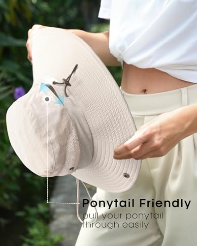 FURTALK Womens Sun Hat with Ponytail Hole Beach Hiking Summer Wide Brim UPF 50+ Outdoor Protection Foldable Bucket Hat - color: Beige