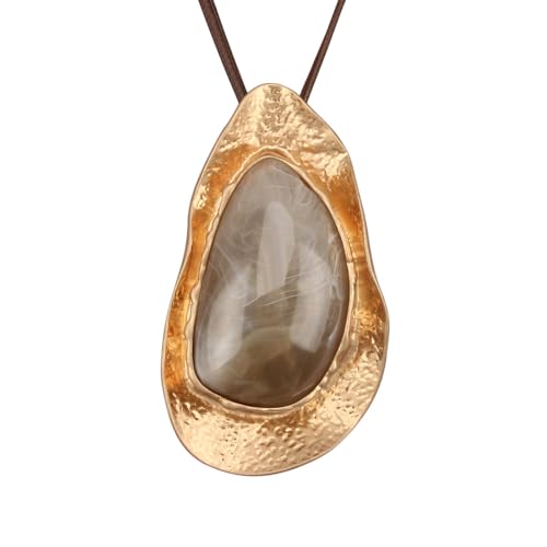 GelConnie Leather Necklace for Women Large Pendant Long Brown Necklace Circle Leather Choker Vintage Sweater Necklace Gold Chunky Boho Necklaces for Women - style: Large Grey Stone Necklace