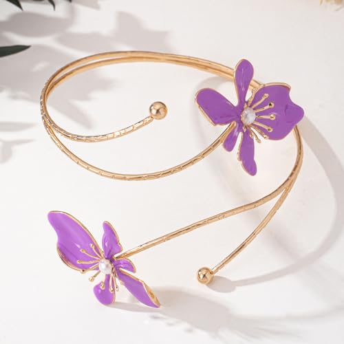 Flower Arm Cuff Bracelets for Women Adjustable Gold Upper ArmBand Jewelry Boho Floral Open Wrap Statement Bangle Bracelet Arm Cuff Jewelry Gifts for Women - color: Purple