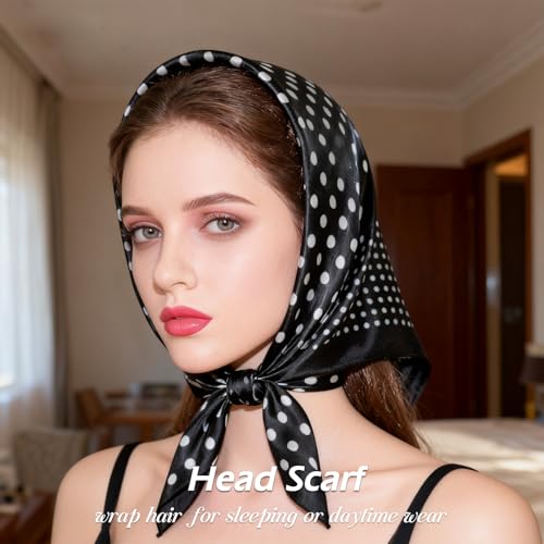 Ciormis 35" Silk Head Scarf for Women, 4 Pcs Satin Hair Scarf Square Silk Bandana Top Neck Scarves Hair Wraps for Sleeping - color: G1-dots-set12