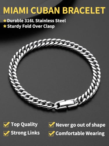 ChainsHouse Stainless Steel Cuban Link Bracelet, 8mm/12mm/17mm Width, 7.5"/8.3"/9", 18K Gold Plated Chain Wrist Bracelets for Men Women, Send Gift Box - color: C: Steel-6mm width