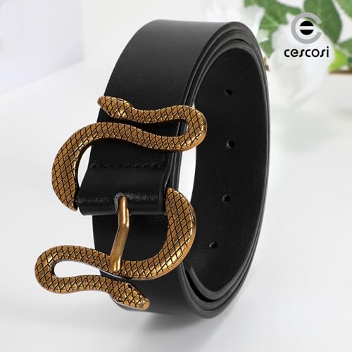 Women Leather Belt with Snake Buckle Fashion Women Belt for Jeans Pants Dresses - color: A-black, size: Fit Size 25"-30"