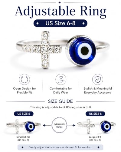Adjustable Evil Eye Ring Silver Dainty Open Adjustable Rings Cross Evil Eye Jewelry for Women Energy Protection Ring