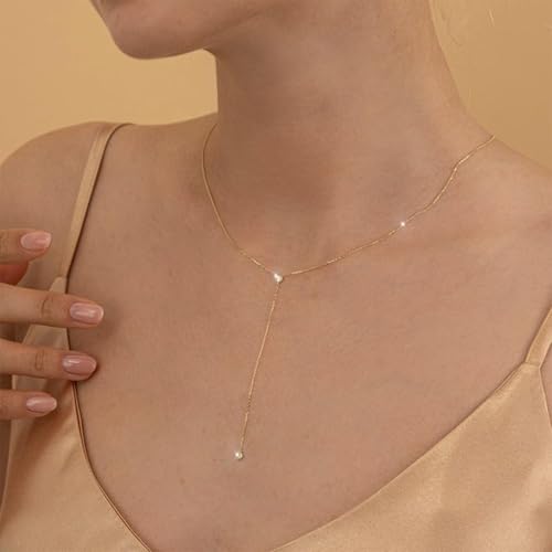 LULII Gold Necklace for Women Trendy Lariat Y Necklace Dainty 14k Gold Plated/Silver Long Necklaces for Women Layered Beaded Drop Necklaces Simple Y-Shaped Chain Jewelry Gifts - color: Y CZ Necklace-Gold