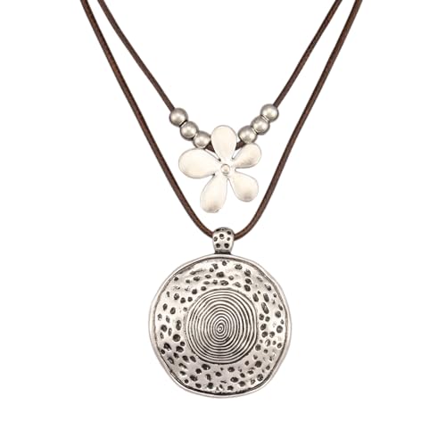 GelConnie Boho Necklaces for Women Cowgirl Necklace Stone Leather Cord Pendant Necklaces With Beads Long vintage Layered Choker Necklace - style: Flower Silver Necklace