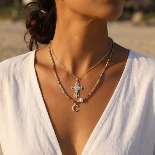 Colorful Pearl Beaded Initial Choker Necklaces for Women, Boho Handmade Personalized Seed Beads Letter Name Necklace Beach Surfer Bohemian Jewelry Gift - color: Cross C