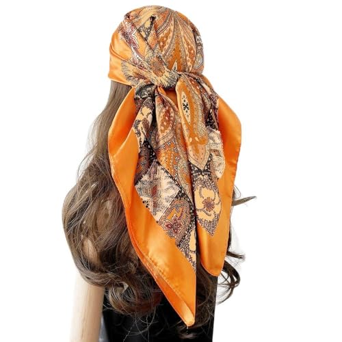 Large Square Head Satin Scarf Silk Feeling Hair Scarf 35"Head Scarves Bandana for Women Headscarfs for Women's Hair - color: C1-orange