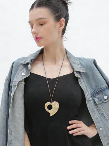 GelConnie Leather Necklace for Women Round Wooden Pendant Long Leather Choker Vintage Sweater Necklace Gold Chunky Boho Necklaces for Women - style: Boho Heart Necklace