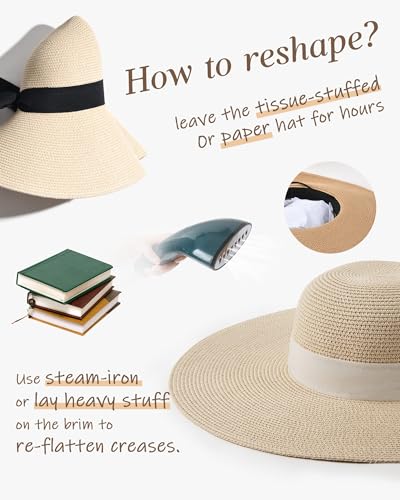 FURTALK Womens Sun Straw Hat Wide Brim UPF 80 Summer Hat Foldable Packable Floppy Beach Hats for Women - color: Beige, size: Large-X-Large