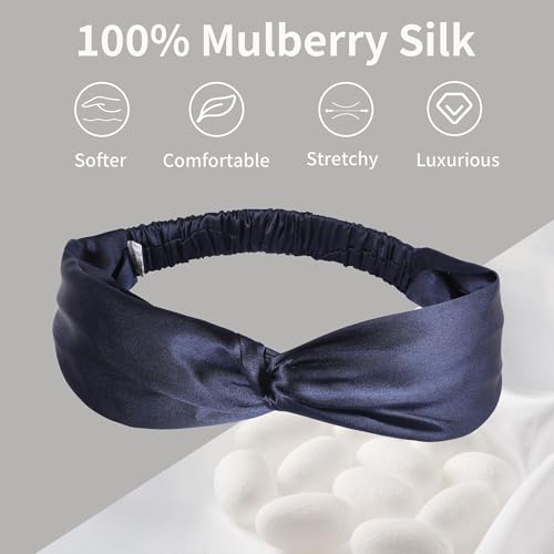 ZLYC Mulberry Silk Headband Elastic Twist Knotted Head Bands for Women's Hair, Solid Navy - color: Solid Navy