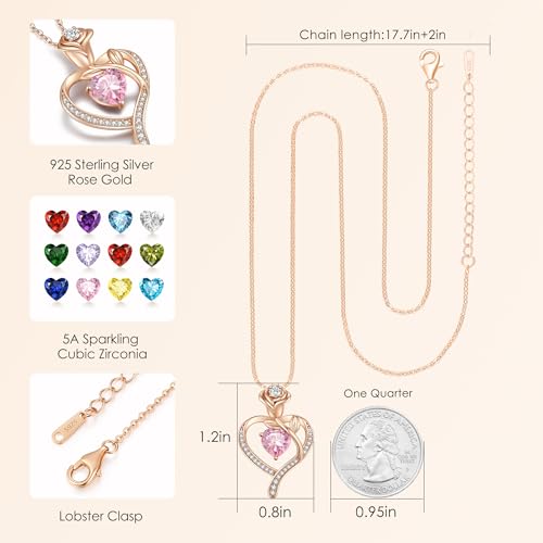 LOUISA SECRET Rose Flower Heart Birthstone Necklaces for Women, 925 Sterling Silver Jewelry, Pendant Heart Necklaces Birthday Anniversary Christmas Gift for Women Wife Mom Girlfriend Lady - color: Rose Gold-10-Oct