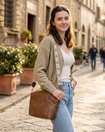 Crossbody Bags For Women, Vegan Leather Crossbody Purses with Boho Strap, Daily Travel Shoulder Handbag - color: Brown