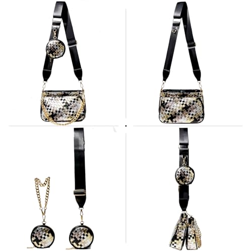 Handmade Woven Small Crossbody Bag for Women with Coin Purse, Designer Shoulder Handbag 3pcs Set, Mini Tote Clutch - color: Black Multicolor