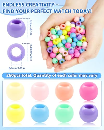 FIVEIZERO 260PCS Large Hole Hair Beads, 10x12mm, Macaroon | acrylic pony style, smooth lightweight finish, reusable, quick on/off, bracelets, keychains, macramé and DIY crafts - color: Macarons