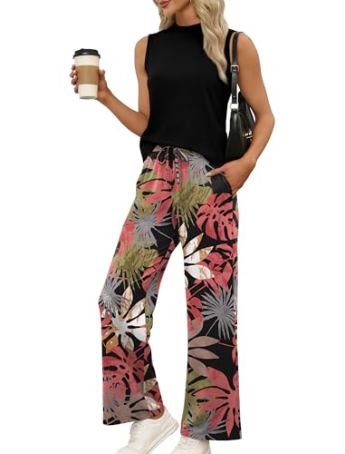 WIHOLL Two Piece Set for Women Summer Spring Outfits Cruise Travel Airport Beach Vacation Mock Neck Wide Leg Pants Set - color: Black Pink Leaf, size: Medium