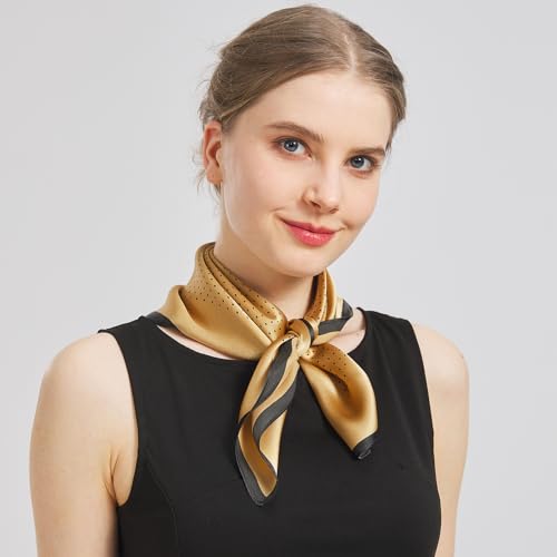 Aufeel Women's 100% Pure Mulberry Silk Small Square Scarf - Neckerchief Women - Silk Headscarf - 21" x 21" - color: Dotdot Yellow