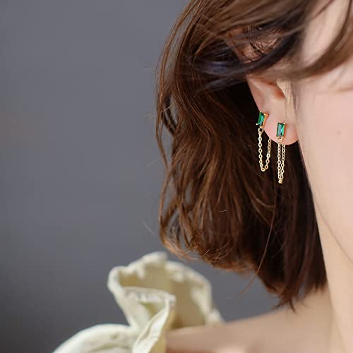 BOUTIQUELOVIN 14K Gold Stud Earrings Set for Women, for Multiple Piercing Silver Plated Studs Earrings and Zirconia Earring Set Small Huggie Hoop Chain Earing - color: 6Pairs Gold Emerald