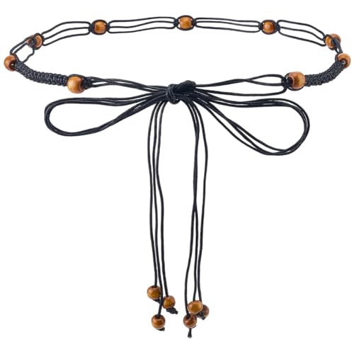 CRASPIRE Beaded Rope Belt Boho Tassel Belts White Bohemian Adjustable Handmade Cord Braided Long Skinny Strap Chain Wood Beads Western Woven Thin Tie for Women Lady Dress Cloth Skirt Wrap 67 Inch - color: Black