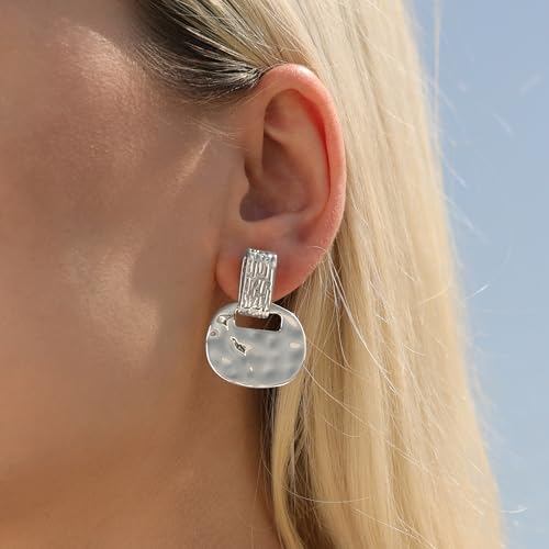 MUYAN Gold and Silver Boho Hammered Dangling Earrings for Women Modern Statement Finish Dangle Drop Earrings Jewelry - color: A Silver