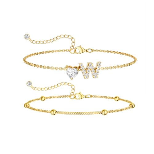 CAROVO Gold Ankle Bracelets for Women Waterproof 14K Real Gold Plated CZ Initial Anklet for Women Dainty Layered Letter A-Z Heart Ankle Bracelets Handmade Adjustable Anklet Summer Beach Jewelry - style: W