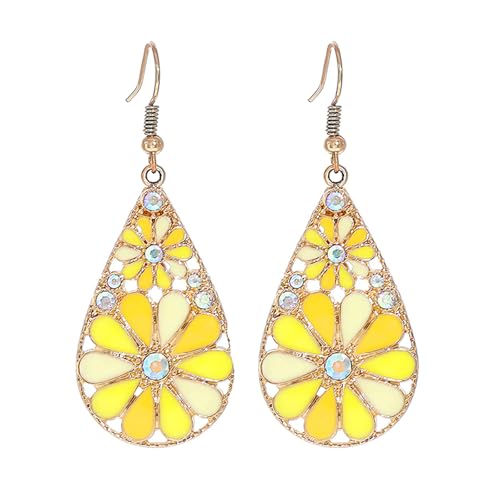coadipress Bohemian Flower Teardrop Earrings for Women Trendy Vintage Colorful Hollow Out Flower Floral Dangle Earrings Bohemian Handmade Ethnic Statement Jewelry - color: Gold Yellow