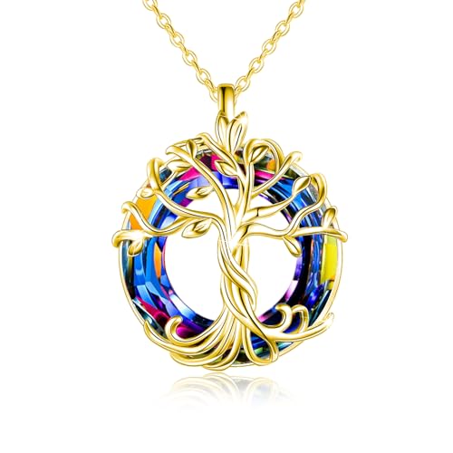 TOUPOP Tree of Life Necklace Gifts for Women 925 Sterling Silver Family Tree Pendant with Crystal Birthday Irish Jewelry Gifts for Women Her Wife Mom - color: 03-Gold-Volcano Crystal