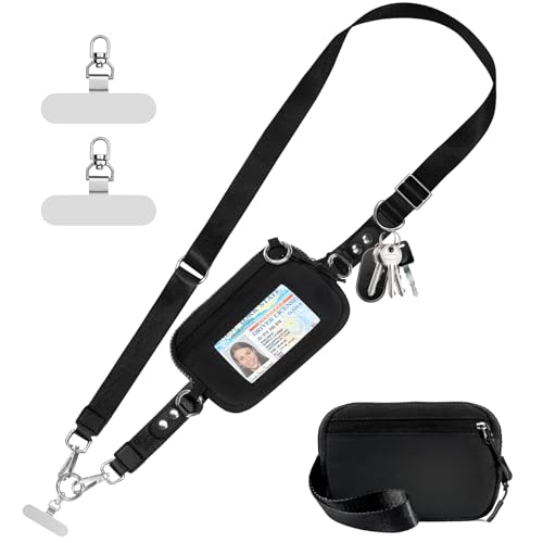 Tiostep Clip and Go Strap for Phone with Wallet Crossbody Phone Lanyard Adjustable and Detachable RFID Wristlet Wallet with ID Window and Zipper, Black - color: Black, size: Medium