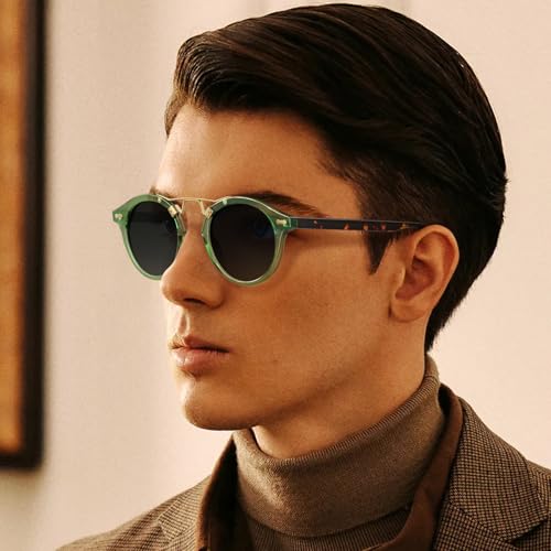 CARFIA Double Bridge Small Acetate Sunglasses for Women Polarized, Retro Metal Brow Ladies Sunnies Fashion Round Eyewears - color: 6. Translucent Green Frame Gradient Grey Lens