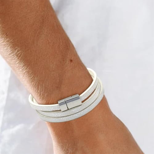 Long tiantian Leather Wrap Bracelet for Men Vintage Brown Leather Cuff Bracelet Adjustable Minimalist Western Style Wristband Casual Fashion Jewelry Gift for Him - color: white