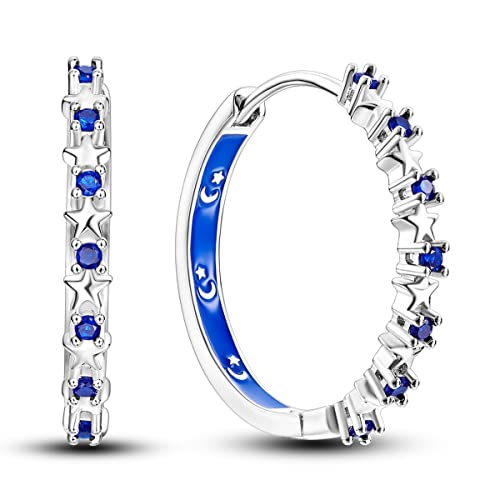 Parmuz 925 Sterling Silver Earrings Hoops for Women Ladies Simple Lightweight Twisted Medium Hoop Earrings With Cubic Zirconia Hypoallergenic Jewelry for Her - color: Star big hoop earring