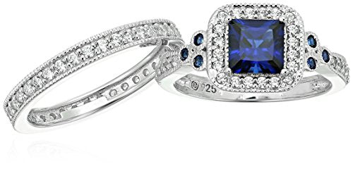 Amazon Essentials Platinum or Gold Plated Sterling Silver Antique Ring set with Asscher-Cut Infinite Elements Cubic Zirconia - color: Created Blue Sapphire/Platinum, size: 9