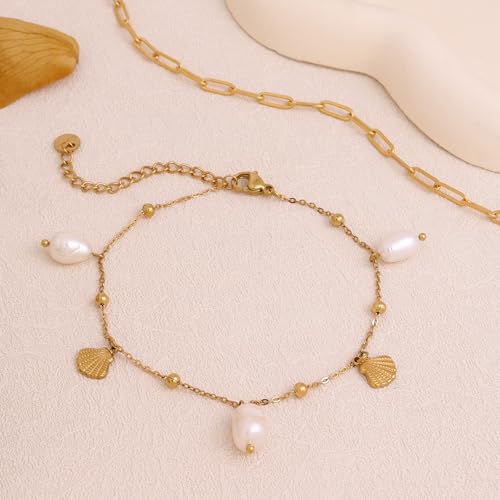 Boho Beads Beach Layered Anklet Set for Women, Handmade Gold Starfish Pearl Shell Anklets Summer Ocean Accessories Jewelry Gift - color: Papercilp