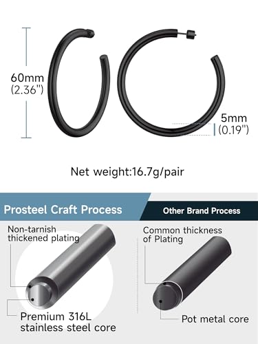 Stainless Steel Chunky Hoop Earrings For Women, Minimalist and Chic, Black/Gold Plated, Round Hoops Earrings Hypoallergenic, Size: 30mm/40mm/60mm/80mm, Come with Box - color: 2. Black, size: 60MM