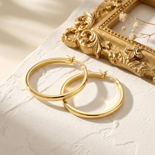Gold Hoop Earrings 14K Gold Earrings for Women Gold Hoop Earrings for Womens Hoops Pure Minimal Style for Light and Delicate Hoops Earring for Womens 20/25/30/40mm - size: 40mm