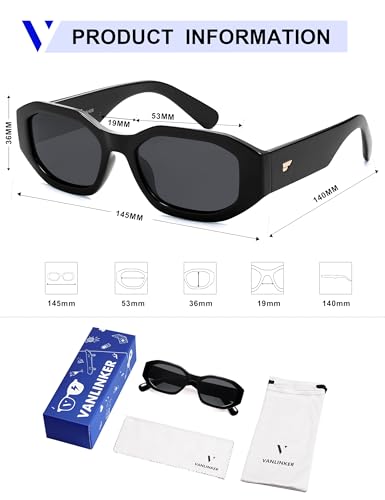 VANLINKER Trendy Polarized Hexagon Sunglasses for Women Men Retro 90s Rectangle Shades Vintage Square Frame VL9887 - color: C1-black/Grey