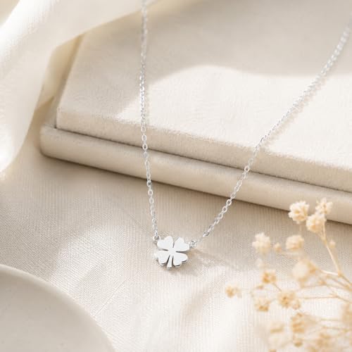 Dainty Gold Necklaces for Women Trendy Non Tarnish 14K Gold Plated Cubic Zirconia Necklace Layered Simple Cute Four Leaf Clover Choker Jewelry Birthday Gifts - color: Silver, style: Glossy-2