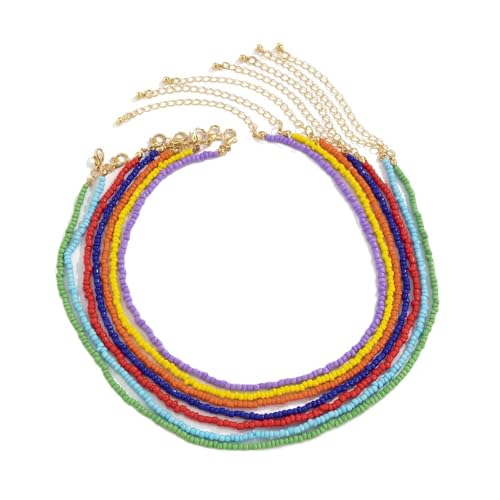 Colorful Beaded Necklace for Women 7Pcs Handmade Rainbow Layered Rice Beaded Necklaces Vintage Seed Bead Choker Necklace Bohemian Hawaiian Beach Adjustable Jewelry Gifts