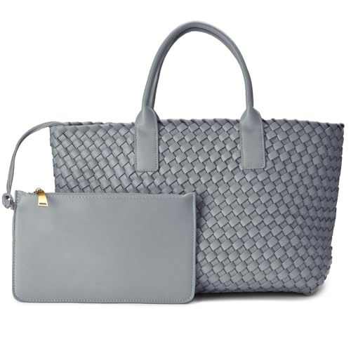 Woven Tote Bag for women,Vegan Leather Woven Satchel Handbag,Shoulder bag with Pouch,Hobo bag fits13-14” laptops - color: Grey