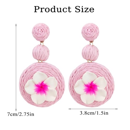 Boho Raffia Ball Earrings for Women, Handmade Statement Drop Earrings Straw Dangle Earrings Beach Vacation Jewelry - color: Pink flowers