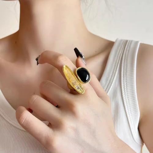 Asymmetry Black Agate Ring for Women Minimalist Open Wrap Thumb Band Gold-Tone Plated Adjustable Promise Rings Comfort Fit Wedding Fashion Unique Statement Eternity Jewelry
