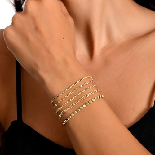 Dainty Gold Bracelets for Women, 14K Gold Plated Stackable Bracelet Set, Adjustable Beaded Cuban Paperclip Herringbone Figaro Snake Rope Chain Jewelry - style: Set2 Gold 5Pcs