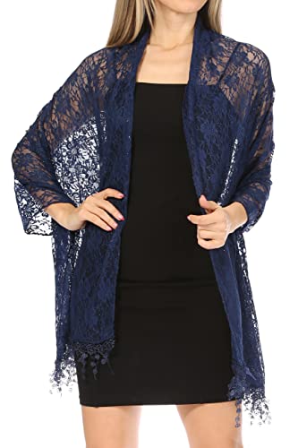 Sakkas Mari Women's Large Lightweight Soft Lace Scarf Wrap Shawl Floral and Fringe - color: Style2-navy