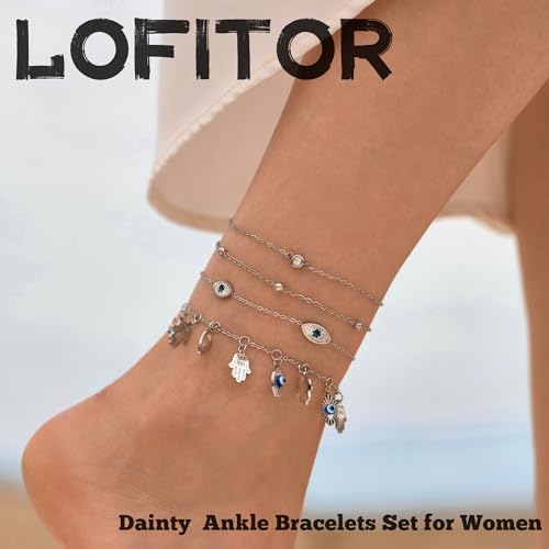 LOFITOR Ankle Bracelets for Women Glitter Waterproof Adjustable Anklet Set for Women 18K Gold Plated Silver Charm Dainty Layered Anklets, Summer Beach Anklet Jewelry for Women - style: Evil-eye Silver