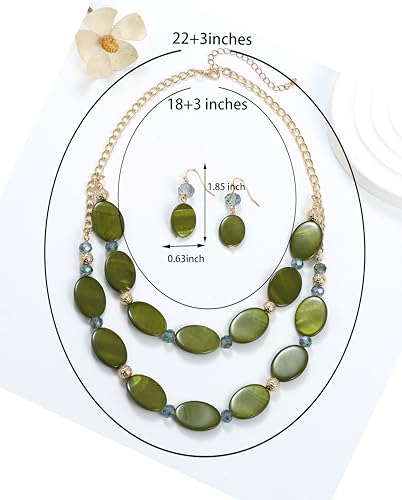 2 Layered Chunky Beaded Shell Necklace for Women Sea Shell blue/yellow/red/green/turquoise/teal/white Statement Necklace and Earring Set Elegant Women Necklace Set Jewelry Sets for Women - color: Olive Green