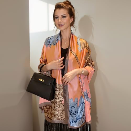 vimate 100% Large Silk Feeling Scarf-Women's Fashion Long Mulberry Silk Satin Neck Scarf Sunscreen Shawl Wrap Headscarf - color: Style 17