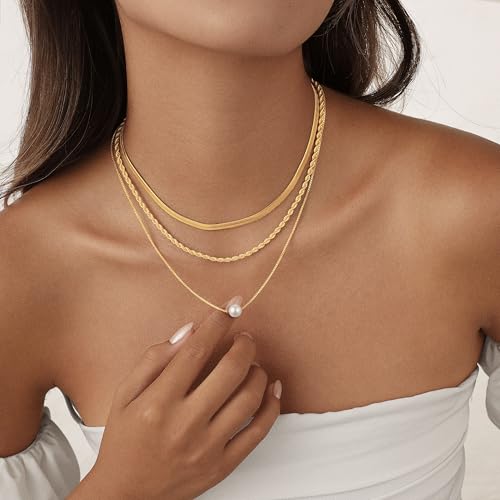 Layered Gold Necklace for Women Trendy 14K Gold Plated Heart CZ Pendant Layered Gold Necklaces Set Coin Choker Necklaces Simple Circle Cubic Zirconia Pearl Necklace Stack Herringbone Paperclip Chain Jewelry Set - style: 3PCS-Snake chain + Pearl-GD